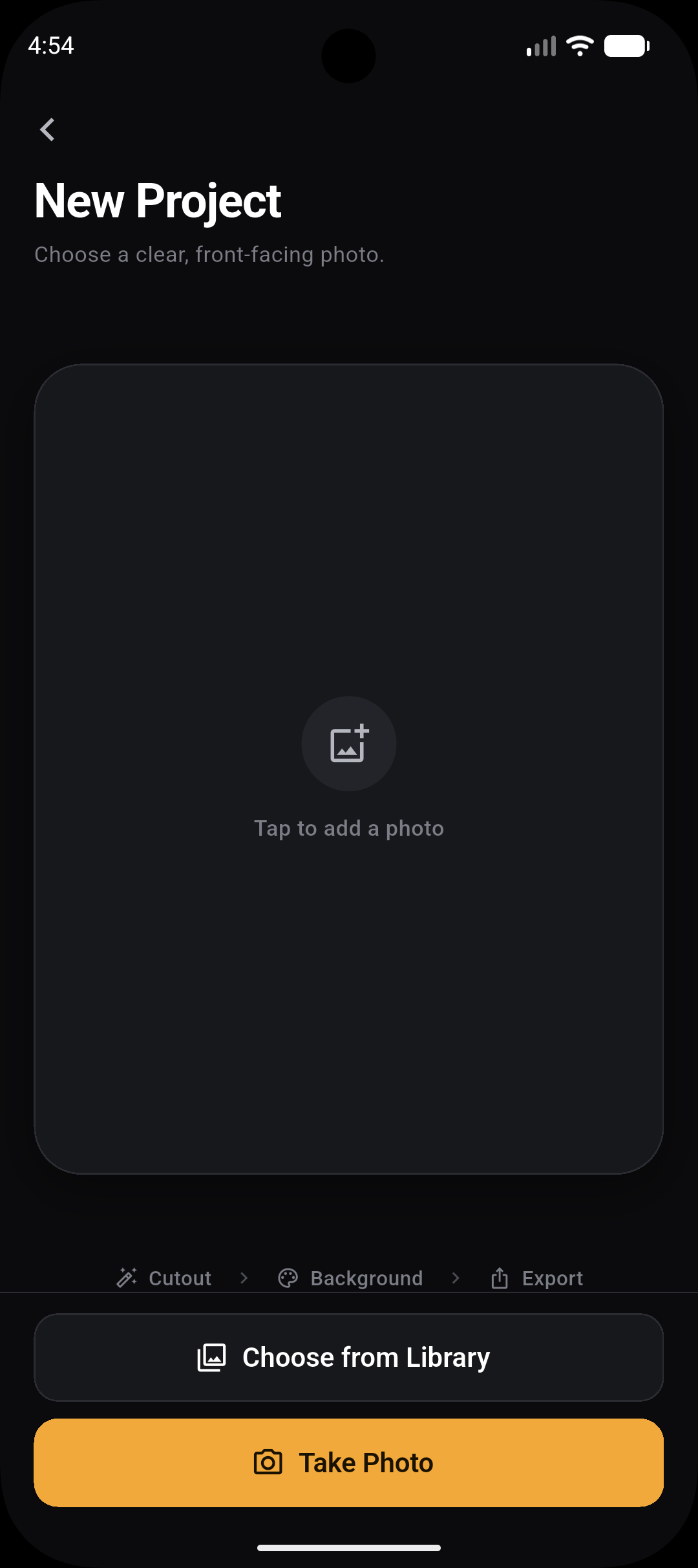 New Project screen — choose or take a photo