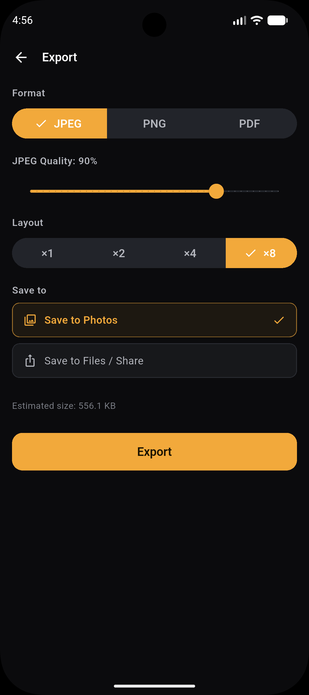Export screen — JPEG, PNG or PDF
